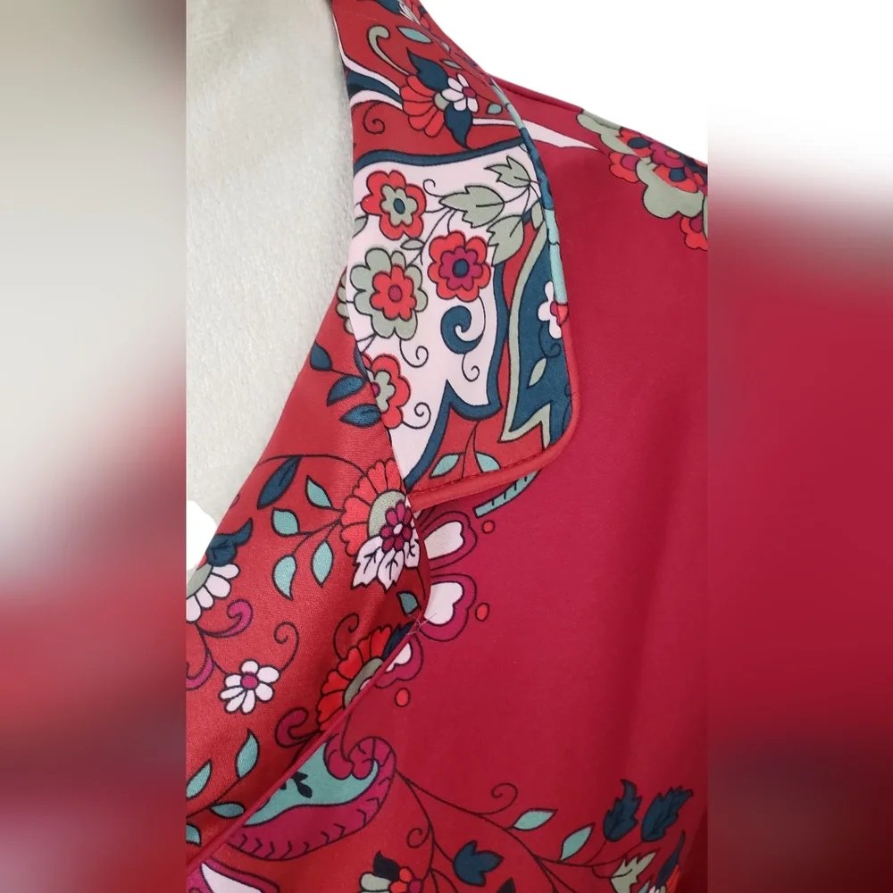 NWT Natori Satin Paisley Floral Button Front Pajama Top Artsy Asian